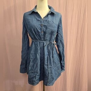 Maternity Chambray Long Sleeve Tunic Shirt Dress with Tie Waist, Small NW/DEFECT